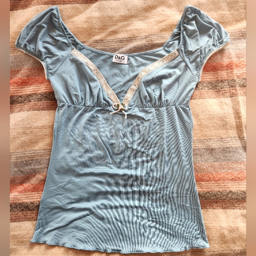 D&G dolce gabbana underwear v neck top babydoll cap sleeves pale blue silky szM